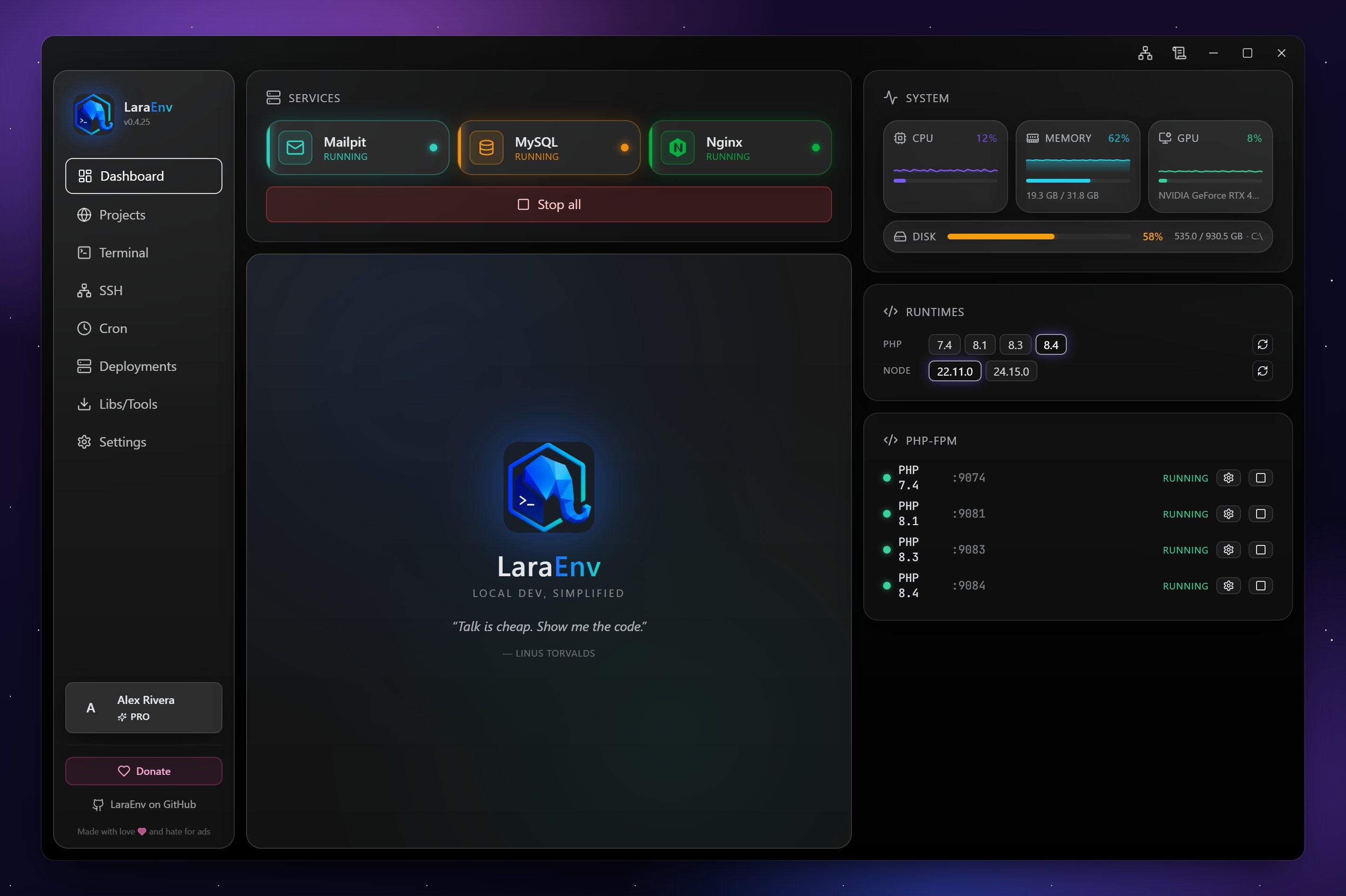 LaraEnv desktop app — Laragon and XAMPP alternative for Windows running multiple PHP versions