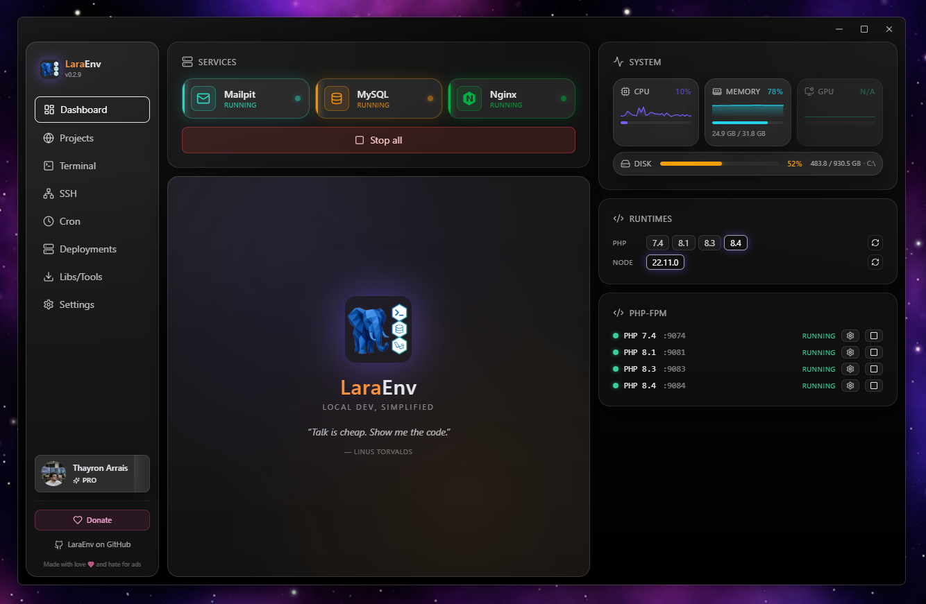 LaraEnv desktop app — Laragon and XAMPP alternative for Windows running multiple PHP versions