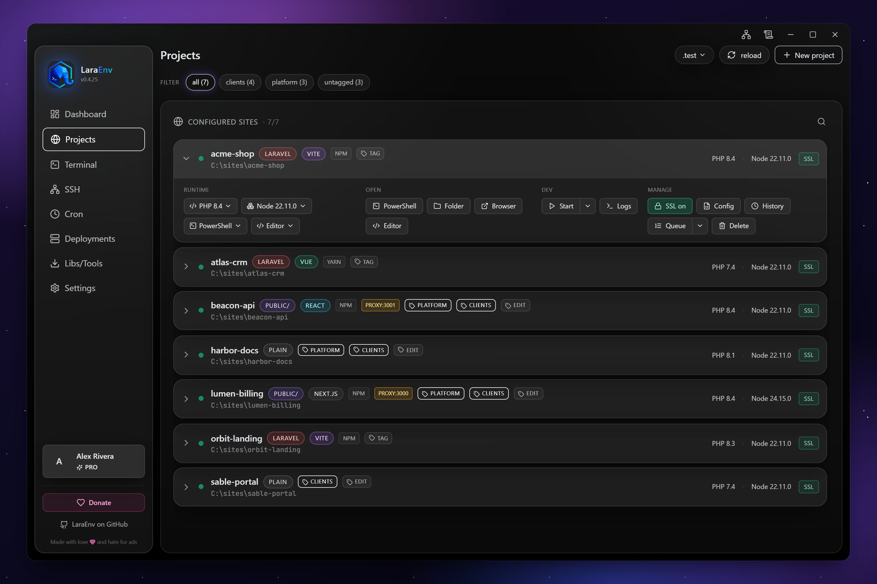LaraEnv projects screen with PHP 7.4 and PHP 8.4 running side-by-side