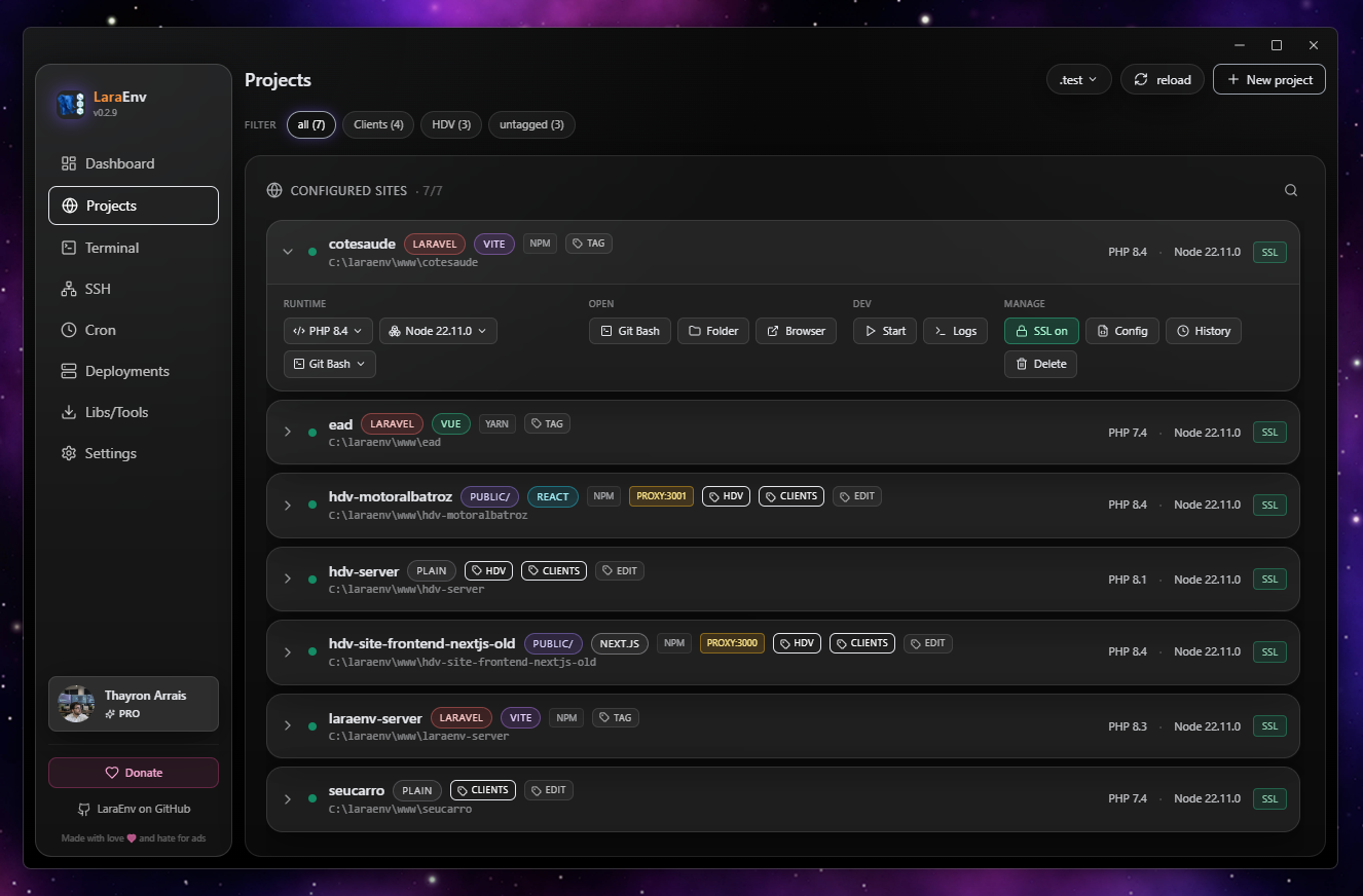 LaraEnv dashboard — start and stop Nginx, Apache, MySQL, Redis with live CPU, RAM and disk metrics