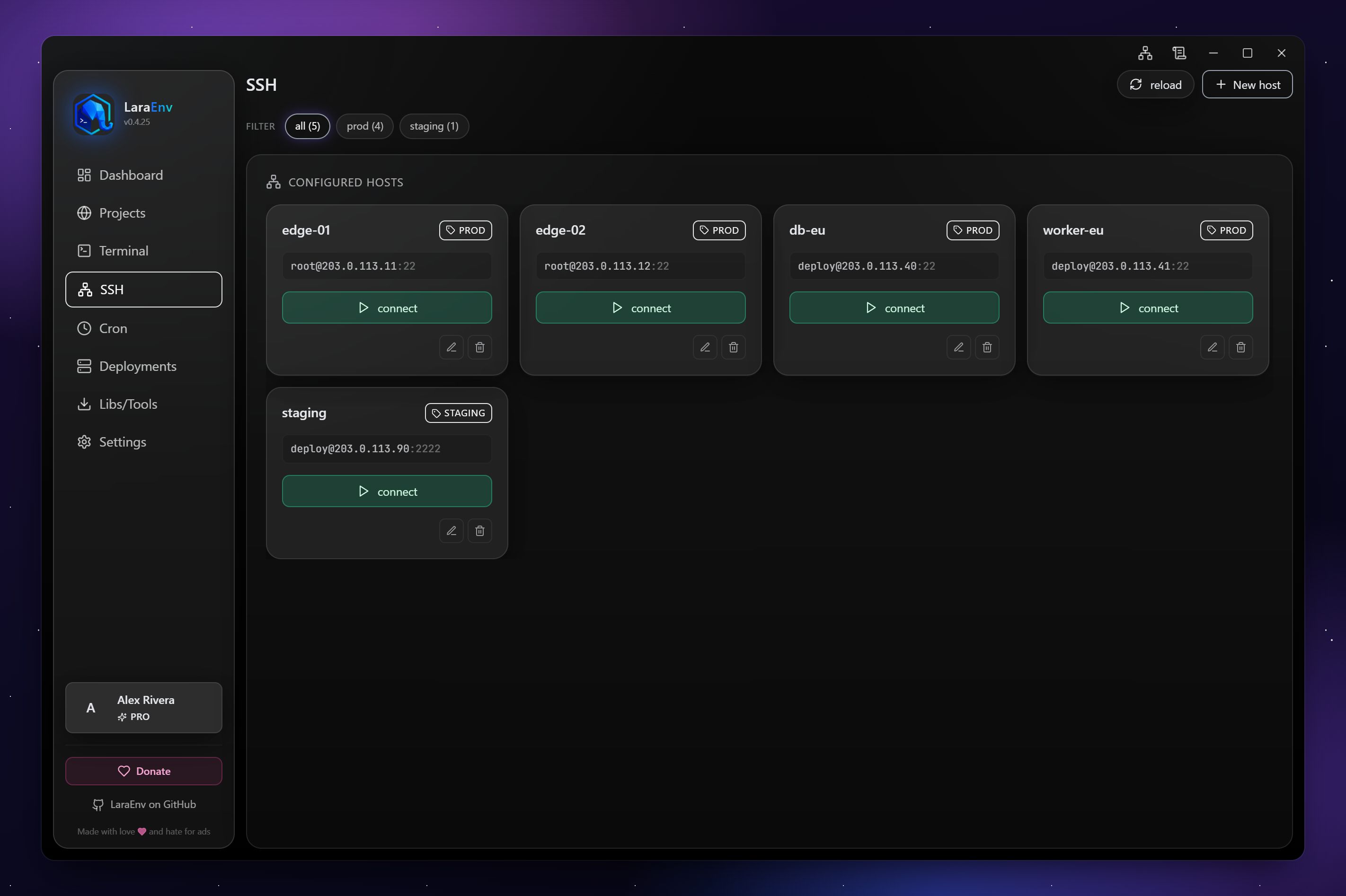 LaraEnv SSH manager with saved hosts and one-click connect buttons