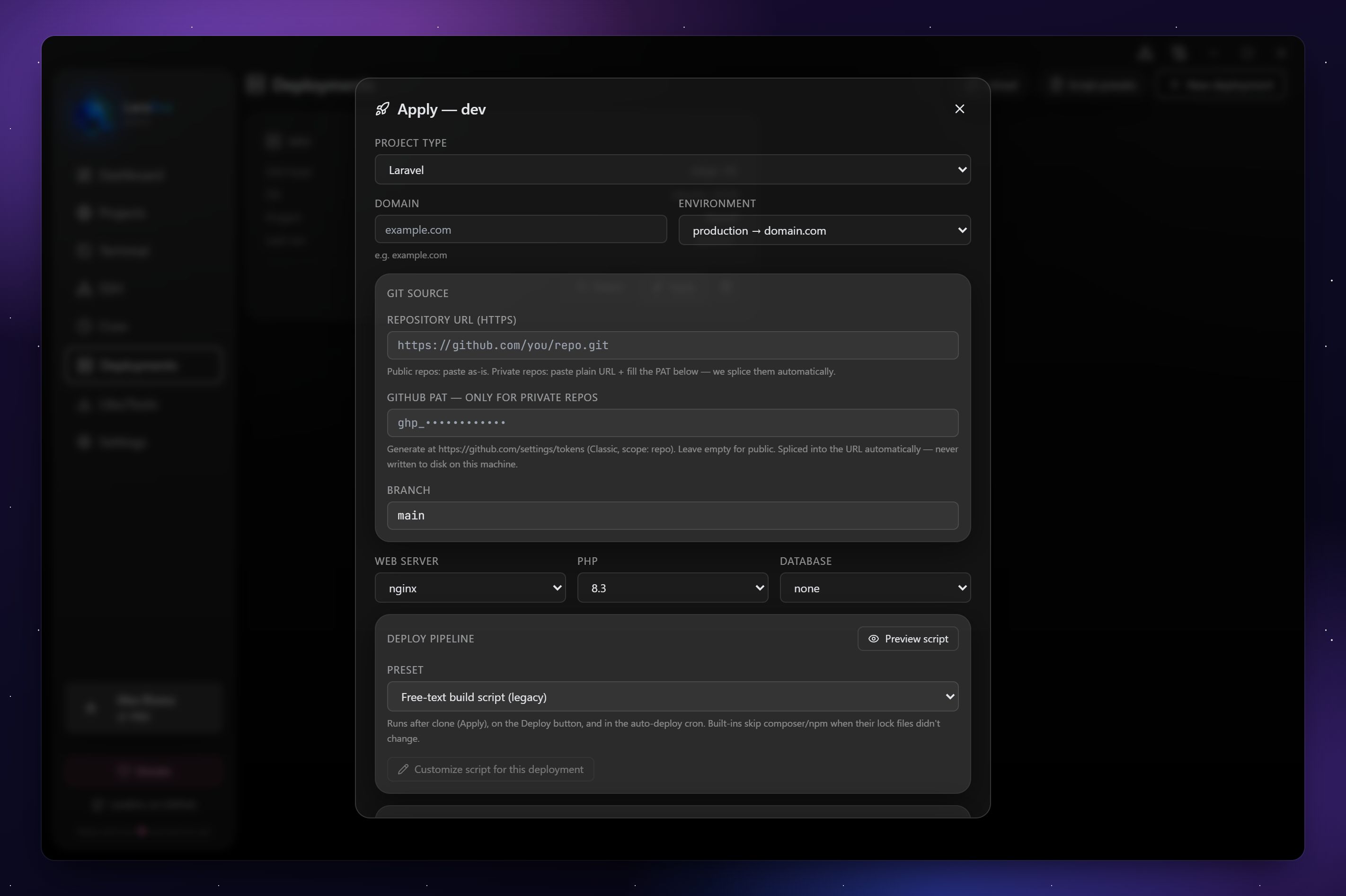 LaraEnv Mini-Forge deployment form for a Laravel project and VPS environment