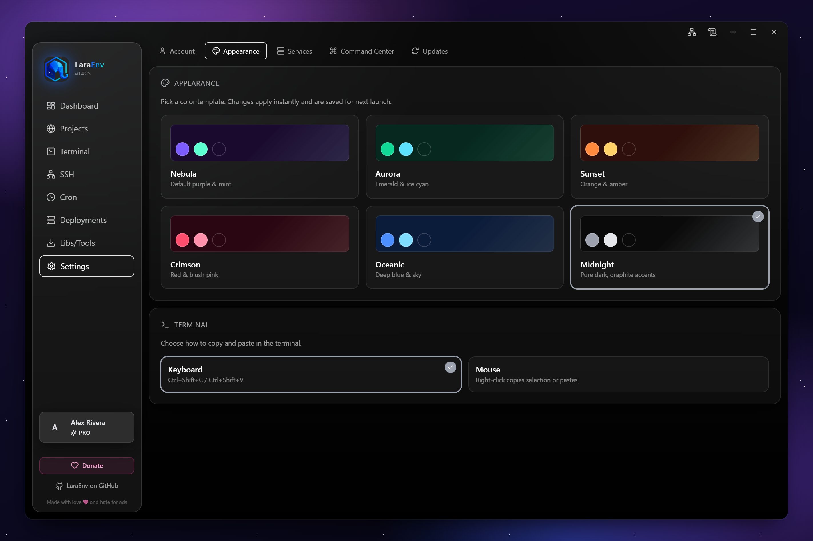 LaraEnv appearance settings showing six built-in themes